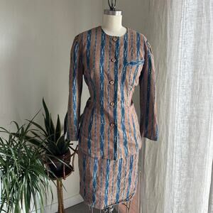 Vintage Women’s Medium Skirt Set Brown Blue Striped Cotton Linen (?) Two-Piece